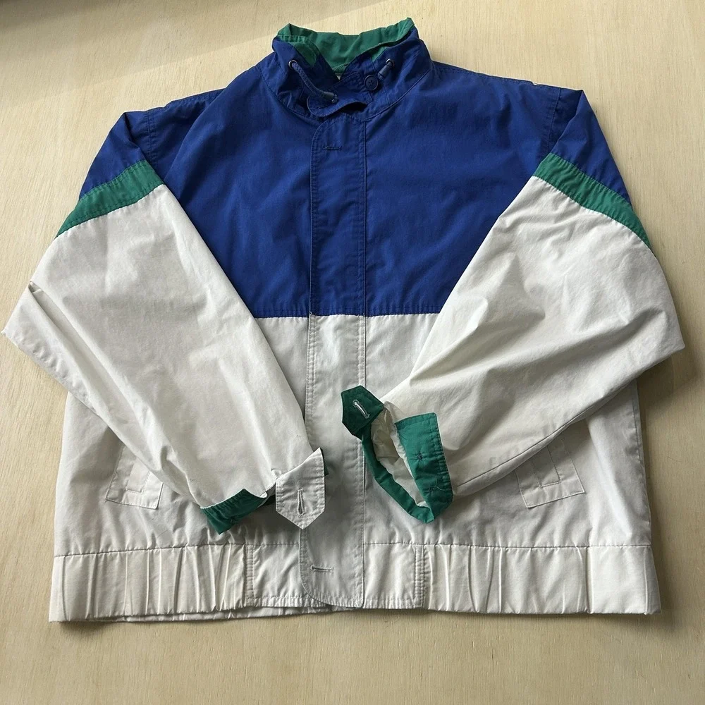Vintage London Fog Jacket Mens XL Blue White Green Colorblock Full Windbreaker